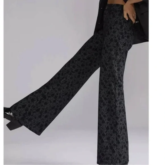 Anthropologie Maeve Jacquard Black Gray Floral Paisley Flare Wide Leg Pants 0 - Picture 2 of 7